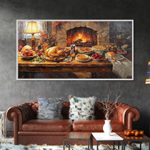 Load image into Gallery viewer, Cozy Thanksgiving Feast by Fireplace Framed Canvas Print Seasonal Wall Art, Rustic Fall Decor, Harvest Celebration Art Print for Home