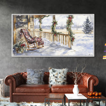 Load image into Gallery viewer, Snowy porch scene with wreaths and holiday greenery, framed canvas print, cozy winter Christmas decor perfect holiday wall display