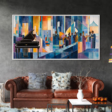 Load image into Gallery viewer, Abstract jazz party scene with grand piano, colorful stained glass aesthetic, framed canvas print ideal vibrant music wall art decor