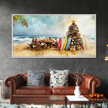 Cargar imagen en el visor de la galería, Christmas family picnic by the beach with surfboards and tree, framed canvas print tropical coastal holiday beach Christmas decor
