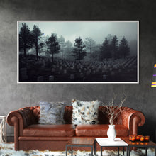 Load image into Gallery viewer, Creepy Haunted Cemetery, Spooky Halloween Art, Graveyard, ready to hang canvas print wall art, Black And White Art, Halloween Decor