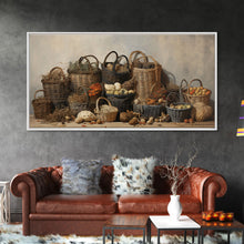 Load image into Gallery viewer, Cornucopia Wall Art, Basket Wall Decor Framed Canvas Print, Boho Wall Art, Wicker Round Bowl Art, Wicker Wall Art Print, Fall Decor