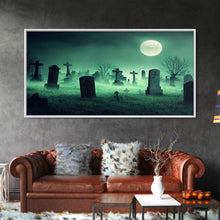 Carregar imagem no visualizador da galeria, Full Moon Over A Haunted Cemetery At Night, Spooky Creepy Graveyard, ready to hang canvas print wall art, Halloween Art