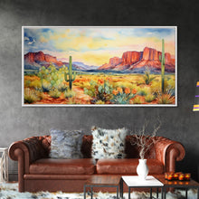 Load image into Gallery viewer, Boho Whimsical Wall Art, Pastel Desert Print, Framed Canvas Art, Unique Wall Art, Minimalist MCM Style Wall Art, Landscape Painting