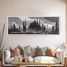 Load image into Gallery viewer, Dystopian Art Deco Style Architecture, Extra Large Wall Art, Framed Panoramic Canvas Print, Framed Wall Decor