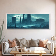 Load image into Gallery viewer, Dystopian Cyberpunk Metropolis, Steampunk Mashup, Extra Large Wall Art, Framed Panoramic Canvas Print, Framed Wall Art