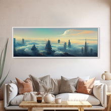 Load image into Gallery viewer, Cyberpunk City Above The Clouds, Futuristic Metropolis, Extra Large Wall Art, Framed Panoramic Canvas Print, Framed Wall Decor