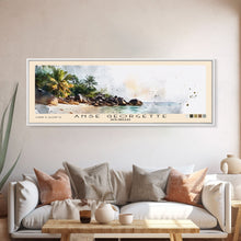 Load image into Gallery viewer, Anse Georgette, Seychelles Watercolor Beach Print, Vacation Gift, Seychelles Wall Art, Framed Canvas Print, Framed Beach Painting