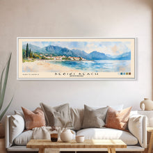 Load image into Gallery viewer, Bečići Beach, Montenegro Watercolor Print, Vacation Gift, Montenegro Wall Art, Beach Painting, Beach Decor, Large Wall Art, Wood Frame Art