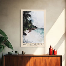 Load image into Gallery viewer, Anse Georgette, Seychelles Watercolor Beach Print, Vacation Gift, Seychelles Wall Art, Framed Canvas Print, Framed Beach Painting