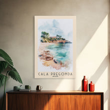 Load image into Gallery viewer, Cala Pregonda, Spain Watercolor Print, Vacation Gift, Spain Wall Art, Beach Painting, Beach Decor, Large Wall Art, Wood Frame Art