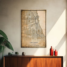 Load image into Gallery viewer, Distressed Chicago map print poster or framed canvas, Illinois road map print poster canvas, Chicago city map print poster canvas