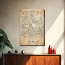 Load image into Gallery viewer, Birmingham UK map print poster or framed canvas, England map print poster canvas, UK city map print poster canvas, Vintage Travel Art
