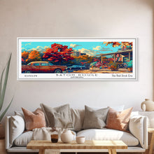 Load image into Gallery viewer, Baton Rouge Louisiana Panoramic Painting Framed Canvas Print, Mid Century Modern Art, Pop Art Style, Travel Poster, Wall Art Decor