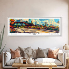 Load image into Gallery viewer, Cincinnati Ohio Panoramic Painting Framed Canvas Print, Mid Century Modern Art, Pop Art Style, Travel Poster, Wall Art Decor