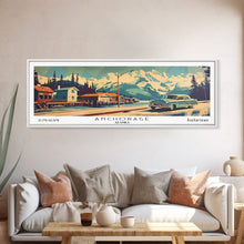 Load image into Gallery viewer, Anchorage Alaska Panoramic Painting, Mid Century Modern Framed Canvas Print, Retro Pop Art Travel Poster, Wall Art, Home Decor, Office Art