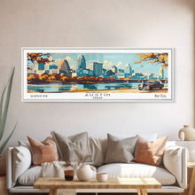 Carregar imagem no visualizador da galeria, Austin Texas Panoramic Painting, Mid Century Modern Framed Canvas Print, Retro Pop Art Travel Poster, Wall Art, Home Decor, Office Art, Gift Idea