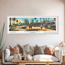 Load image into Gallery viewer, Bakersfield California Panoramic Wall Art, Mid Century Modern Framed Canvas Print, Retro Pop Art Travel Poster, Office Wall Art, Living Room Decor