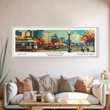 Load image into Gallery viewer, Boston Massachusetts Panoramic Wall Art, Mid Century Modern Framed Canvas Print, Retro Pop Art Travel Poster, Office Art, Living Room Decor