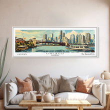 Cargar imagen en el visor de la galería, Chicago Illinois Panoramic Painting, Mid Century Modern Framed Canvas Print, Retro Pop Art Travel Poster, Wall Decor, Gift Idea, Home Decor
