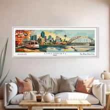 Load image into Gallery viewer, Cincinnati Ohio Panoramic Wall Art, Retro Pop Art Framed Canvas Print, Mid Century Modern Travel Poster, Living Room Decor, Wall Hanging, Office Art