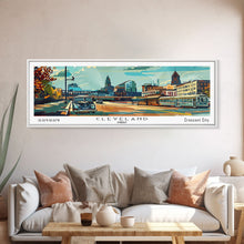 Load image into Gallery viewer, Cleveland Ohio Panoramic Wall Art, Mid Century Modern Framed Canvas Print, Retro Pop Art Travel Poster, Office Wall Art, Living Room Decor