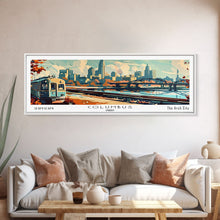 Load image into Gallery viewer, Columbus Ohio Panoramic Painting, Mid Century Modern Framed Canvas Print, Retro Pop Art Travel Poster, Wall Art, Home Decor, Office Art, Gift Idea