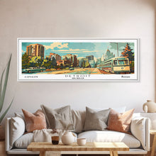 Load image into Gallery viewer, Detroit Michigan Panoramic Wall Art, Mid Century Modern Framed Canvas Print, Retro Pop Art Travel Poster, Office Art, Living Room Decor