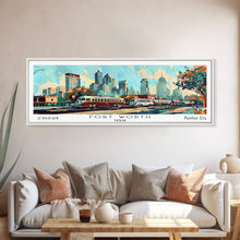 Carregar imagem no visualizador da galeria, Fort Worth Texas Panoramic Wall Art, Mid Century Modern Framed Canvas Print, Retro Pop Art Travel Poster, Office Art, Living Room Decor
