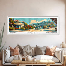 Load image into Gallery viewer, Fremont California Panoramic Painting, Mid Century Modern Framed Canvas Print, Retro Pop Art Travel Poster, Wall Decor, Gift Idea, Home Decor