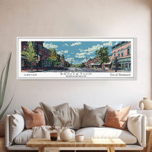 Load image into Gallery viewer, Brockton Massachusetts Panoramic Painting, Mid Century Modern Framed Canvas Print, Retro Pop Art Travel Poster, Home Decor, City Art
