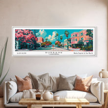 Carregar imagem no visualizador da galeria, Burbank California Panoramic Painting, Mid Century Modern Framed Canvas Print, Retro Pop Art Travel Poster, Living Room Wall Art, City Art