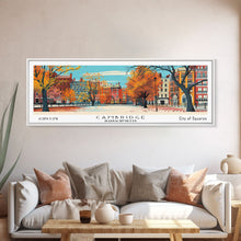Carregar imagem no visualizador da galeria, Cambridge Massachusetts Panoramic Painting, Mid Century Modern Framed Canvas Print, Retro Pop Art Travel Poster, Home Decor, City Print
