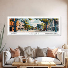 Load image into Gallery viewer, Carmel Indiana Panoramic Painting, Mid Century Modern Framed Canvas Print, Retro Pop Art Travel Poster, Home Decor, City Art