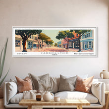 Cargar imagen en el visor de la galería, Carrollton Texas Panoramic Painting, Mid Century Modern Framed Canvas Print, Retro Pop Art Travel Poster, Office Wall Art, City Print