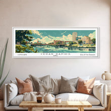 Cargar imagen en el visor de la galería, Cedar Rapids Iowa Panoramic Painting, Mid Century Modern Framed Canvas Print, Retro Pop Art Travel Poster, Living Room Wall Art Decor, City Print