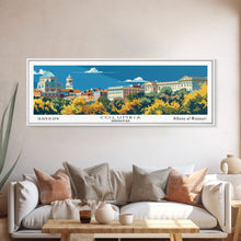 Load image into Gallery viewer, Columbia Missouri Panoramic Wall Art, Mid Century Modern Framed Canvas Print, Retro Pop Art Travel Poster, City Home Decor, Office Wall Art