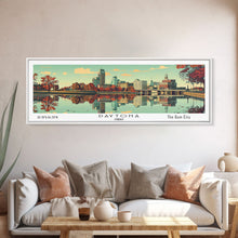 Load image into Gallery viewer, Dayton Ohio Panoramic Wall Art, Mid Century Modern Framed Canvas Print, Retro Pop Art Travel Poster, City Home Decor, Office Decor