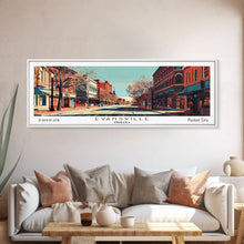Carregar imagem no visualizador da galeria, Evansville Indiana Panoramic Painting, Mid Century Modern Framed Canvas Print, Retro Pop Art Travel Poster, Living Room Wall Art