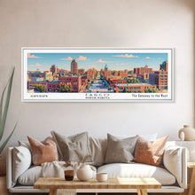 Cargar imagen en el visor de la galería, Fargo North Dakota Panoramic Painting, Mid Century Modern Framed Canvas Print, Retro Pop Art Travel Poster, City Wall Art