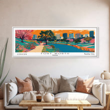 Carregar imagem no visualizador da galeria, Fort Worth Texas Panoramic Painting, Mid Century Modern Framed Canvas Print, Retro Pop Art Travel Poster, Office Wall Decor