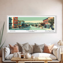 Load image into Gallery viewer, Vallejo California Panoramic Art, Mid Century Modern Framed Canvas Print, Retro Pop Art Travel Poster, City Print, Living Room Wall Decor