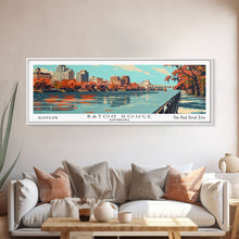 Load image into Gallery viewer, Baton Rouge Louisiana Panoramic Painting, Framed Canvas Print, Mid Century Modern Wall Art, Retro Pop Art Travel Poster, Living Room Decor, City Art