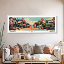 Cargar imagen en el visor de la galería, Cary North Carolina Panoramic Painting, Framed Canvas Print, Mid Century Modern Wall Art, Retro Pop Art Travel Poster, Living Room Decor, City Art