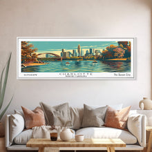 Cargar imagen en el visor de la galería, Charlotte North Carolina Panoramic Painting, Framed Canvas Print, Mid Century Modern Wall Art, Retro Pop Art Travel Poster, Living Room Decor, City Art