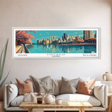 Load image into Gallery viewer, Chicago Illinois Panoramic Painting, Framed Canvas Print, Mid Century Modern Wall Art, Retro Pop Art Travel Poster, Office Decor, City Art