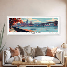 Cargar imagen en el visor de la galería, Cleveland Ohio Panoramic Painting, Framed Canvas Print, Mid Century Modern Wall Art, Retro Pop Art Travel Poster, Living Room Decor, City Art