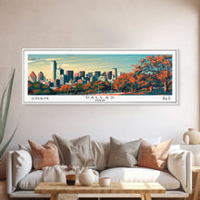 Load image into Gallery viewer, Dallas Texas Panoramic Painting, Framed Canvas Print, Mid Century Modern Wall Art, Retro Pop Art Travel Poster, Home Decor, City Art
