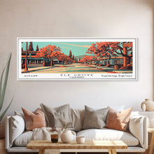 Load image into Gallery viewer, Elk Grove California Panoramic Painting, Framed Canvas Print, Mid Century Modern Wall Art, Retro Pop Art Travel Poster, Office Decor, City Art