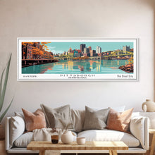 Load image into Gallery viewer, Pittsburgh Pennsylvania Panoramic Wall Art, Mid Century Modern Framed Canvas Print, Retro Pop Art Travel Poster, Office Decor, Gift Idea